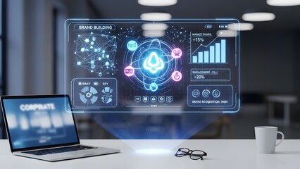 Futuristic holographic interface displaying brand building data and analytics on a desk