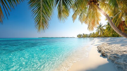 Lush tropical palm fronds frame a pristine white sand beach bordering brilliant turquoise ocean water under a bright sky