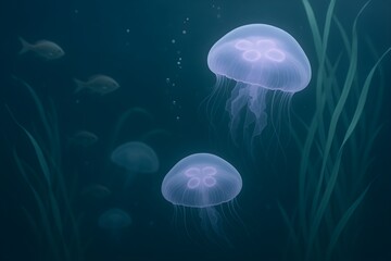 Fototapeta premium Luminous jellyfish and schools of fish gracefully navigate a dark underwater world