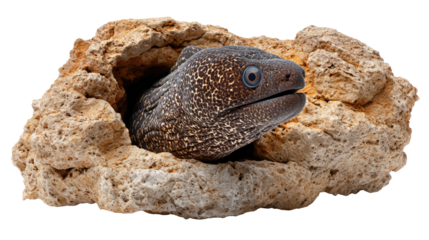 Moray Eel in Rocky Refuge: A mesmerizing moray eel emerges from its rocky shelter. The image showcases the sea creature, displaying unique markings and patterns.