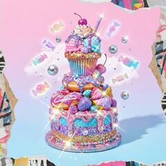 Indulge in a whimsical dreamscape with this vibrant dessert tower, shimmering with playful disco balls and sparkling candies, perfect for a sweet celebration