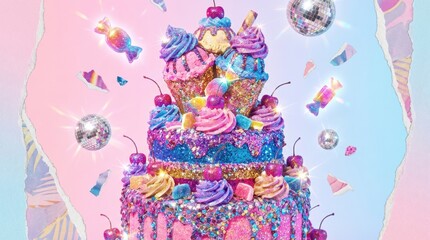 Stunning glitter cake with disco balls and candy sparkles, perfect for a sweet celebration or whimsical party invitation design element