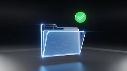 Holographic digital folder icon with green checkmark confirmation symbol
