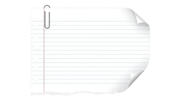Torn lined notebook paper with paperclip on transparent background
