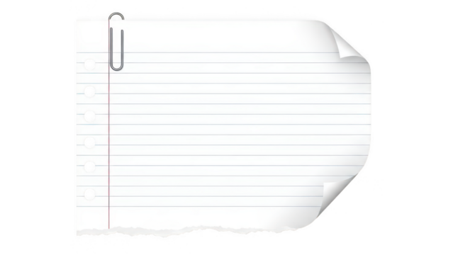 Torn lined notebook paper with paperclip on transparent background
- Powered by Adobe