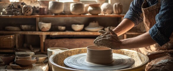 The Potter Shaping a Clay Bowl on a Rustic Wheel in Sunlit Studio