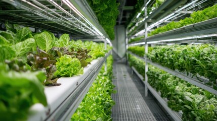 Rows of fresh lettuce and other greens thrive in a bright, indoor vertical farm. The controlled atmosphere promotes healthy growth, showcasing modern agricultural techniques.