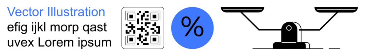 Data analysis, financial balance, digital codes, technology integration, decision-making, metrics. a QR code, percentage sign and scale. Data analysis and financial balance concept