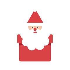 Flat design simple cute santa claus face popping out of a red christmas gift box.