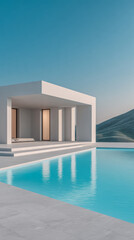 Fototapeta premium Modern villa with pool overlooking scenic mountains at midday under clear blue sky