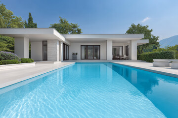 Fototapeta premium Modern villa with a pool surrounded by greenery in a sunny setting