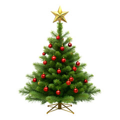 Decorated green decorated tree with star and red baubles isolated on transparent background