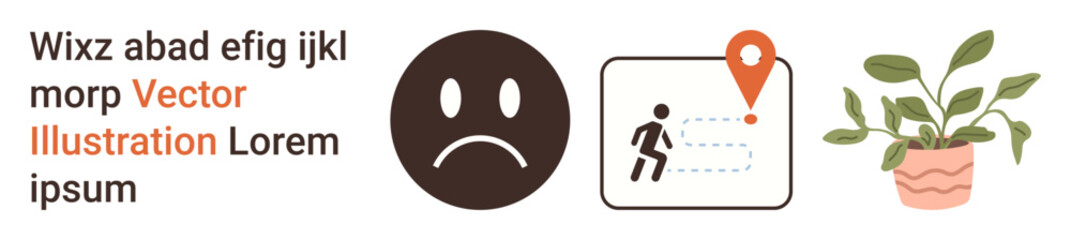 Negative emotions, navigation, tracking, indoor decoration, emotional expression, directions. Sad face icon, person with location pin and a plant in a pot. Negative emotions and navigation concept