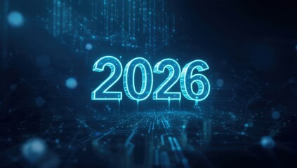 2026 Year Digital Concept. Futuristic glowing neon blue text overlaid on abstract technology background, deep data connections, network, circuit board lines. New era of innovation.