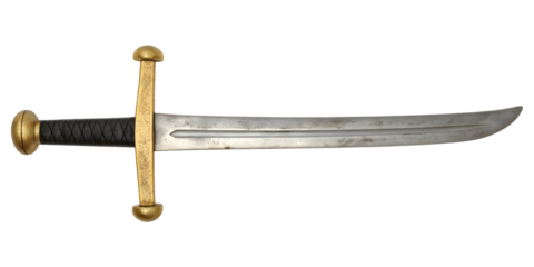 Curved blade sword with gold hilt isolated on a transparent background