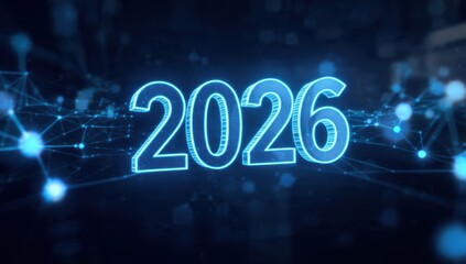 2026 futuristic digital neon concept with glowing blue light lines and abstract data network background. Technology, business planning, and connectivity visualization.