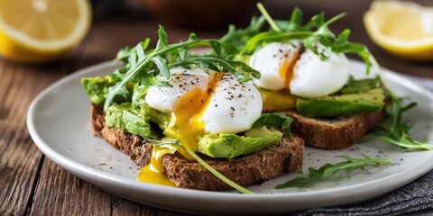 The Avocado Toast with Poached Eggs, Fresh Arugula, Sliced Lemon and Cracked Pepper
