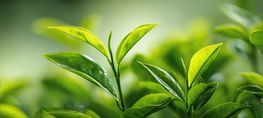 The Tea Leaves Bathed in Soft Sunlight with Dew on Vibrant Green Foliage