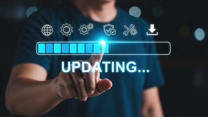 Man s finger touches digital progress bar indicating system update and download