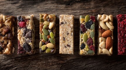 A variety of granola bars are lined up on an old wooden table. Each bar features different nuts, seeds, fruits, and grains, highlighting textures and colors that make for a healthy snack option.