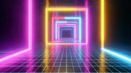 Neon Grid Tunnel: A vibrant tunnel of neon light creates an immersive and futuristic scene, with a grid floor adding to the sense of depth and perspective.