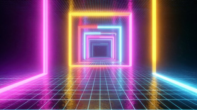 Neon Grid Tunnel: A vibrant tunnel of neon light creates an immersive and futuristic scene, with a grid floor adding to the sense of depth and perspective. - Powered by Adobe