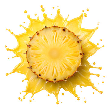 Pineapple slice in yellow juice splash isolated on a transparent background