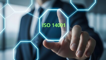 Business professional interacting with a digital iso 14001 environmental management system interface