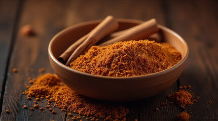 cinnamon powder with wooden table with cinnamon pieces