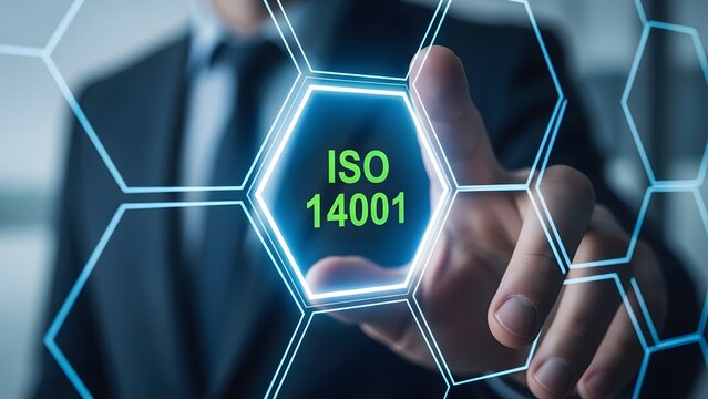 Hand pressing iso 14001 certification icon on a futuristic digital interface - Powered by Adobe