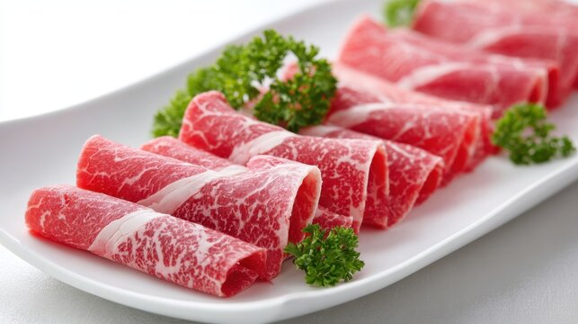 Thinly sliced marbled beef is arranged neatly on a white platter, complemented by small sprigs of fresh green herbs. The presentation highlights the meat's texture and color.