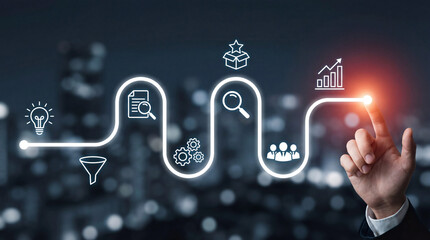 Businessman's hand touching a futuristic glowing digital workflow visualization, illustrating the complete business process, step-by-step optimization, and final goal achievement