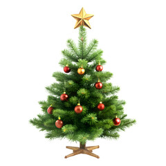 Festive decorated tree with golden star and red baubles, traditional. isolated on transparent background