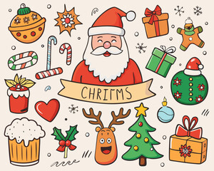 Santa claus christmas doodle elements Vector