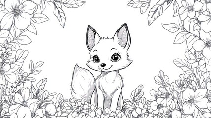 Cute fox in floral frame, coloring book, background use