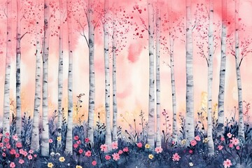 Floral birch tree illustration in pastel colors