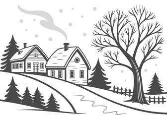 winter landscape with trees and houses