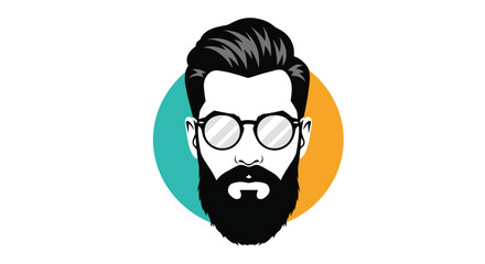 Modern flat design vector portrait of a stylish man with a full beard, mustache, and round glasses, set against a two-tone circle background.
