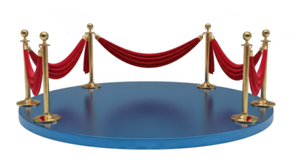 Blue display podium with gold stanchions and red velvet ropes on transparent background
