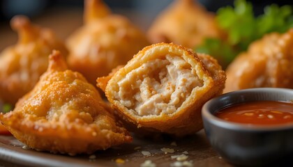 “Close-Up of Crispy Golden Crab Rangoon with Dipping Sauce”. appitizers