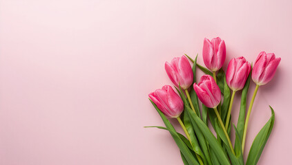 Fototapeta premium ピンクチューリップの花束をトップビューで並べた春らしいパステルピンクトーンのフラットレイデザイン.生成AI