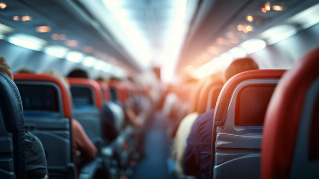 Inside view of an airplane cabin with rows of seats and overhead bins. Modern air travel interior representing transportation, tourism, and passenger experience.