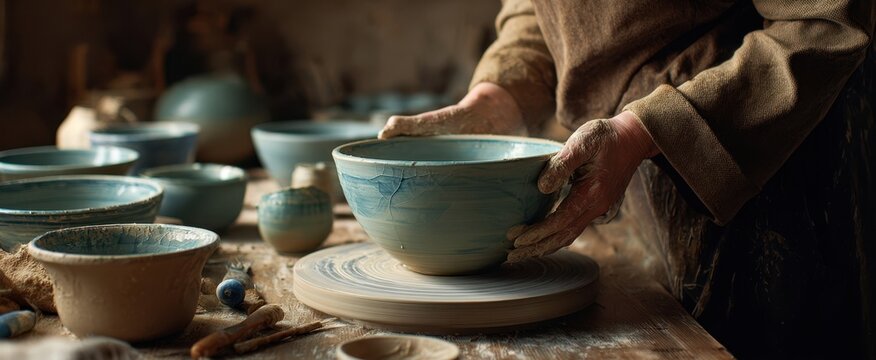The ceramic bowl being shaped by skilled potter hands on a spinning wheel - Powered by Adobe