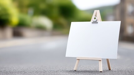 Political candidate sign on easel in a neighborhood street, showcasing community engagement and local campaigning efforts in a vibrant environment