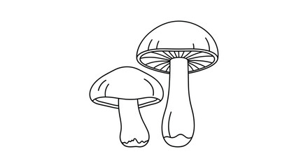 A simple black line art illustration of two mushrooms, one large and one small, perfect for a coloring book page.
