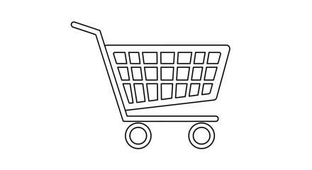A minimalist black line art icon of a supermarket shopping cart or trolley, viewed from the side, on a white background.
