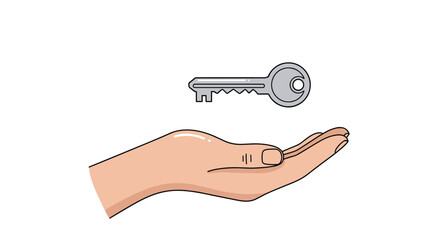 A simple cartoon illustration of a hand held open with a silver house key floating just above the palm on a white background.