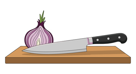 A clean vector illustration of a sharp chef's knife and a halved red onion resting on a light wooden cutting board.
