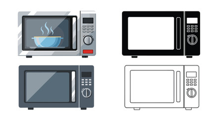 A versatile set of four microwave oven illustrations, including colored, flat, silhouette, and line art styles for different design needs.