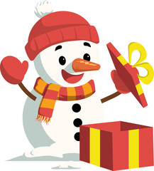 Cheerful snowman in red hat and scarf holding gift